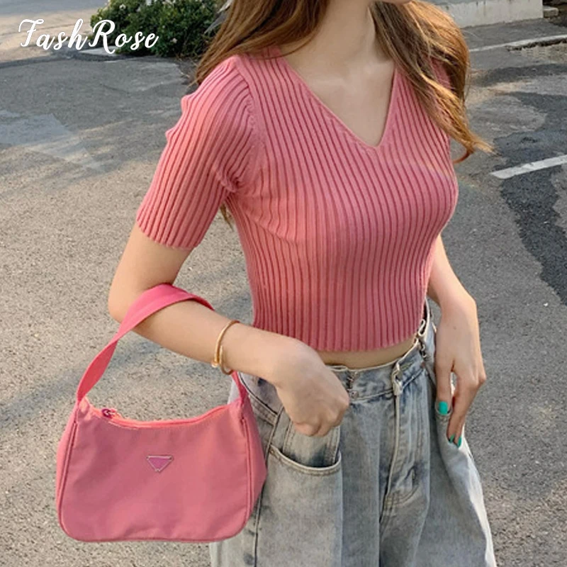 Модные вязаные простые футболки в рубчик с V-образным вырезом милые модные