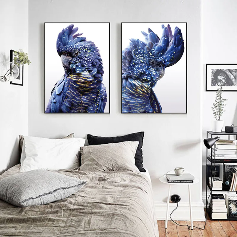 

Navy Blue Bird Wall Pictures for Living Room Home Decor Parrot Canvas Painting Black Cockatoo Wall Art Posters and Prints