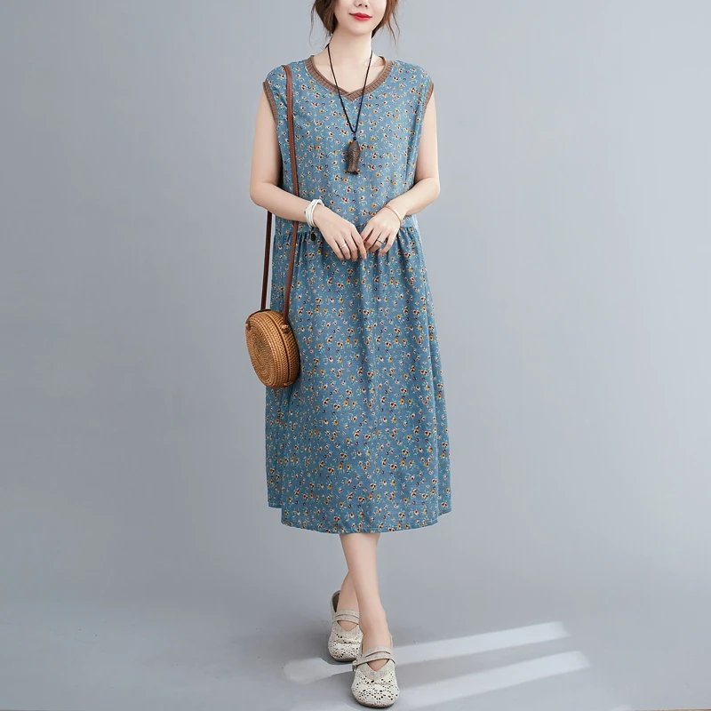 В винтажном стиле Сезон лето без рукавов свободного кроя с цветочным принтом