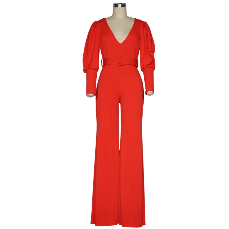 

2021 New Autumn Women Jumpsuits Long Sleeve Red V-Neck Rompers Vogue Office Lady Empire One pencil Clothing