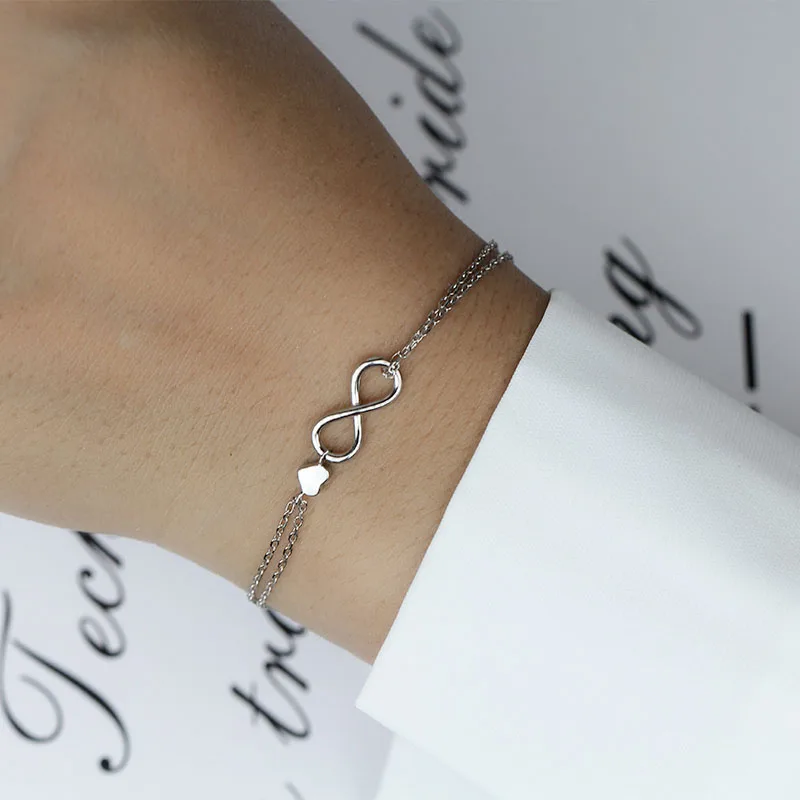 ElfoPlataSi 100% 925 Real Sterling Silver Elegant Double Layer Infinity Heart Bracelet 17cm For Gift Girls Lady XY709 | Украшения и