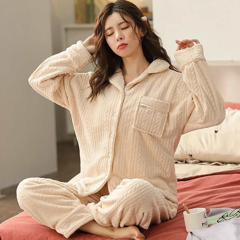 

Plus Size M-3XL Winter Thickened Pajamas Women Solid Color Flannel Pyjamas Home Furnishing Suit Coral Velvet Leisure Home Wear