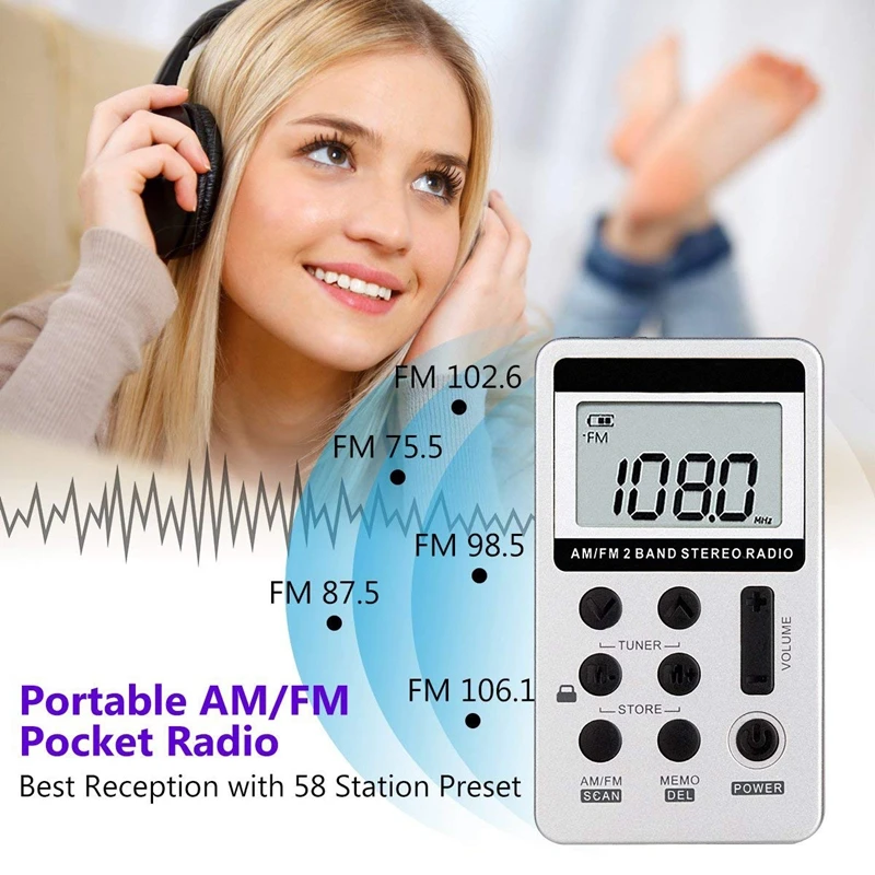AM FM Portable Pocket Radio Mini Digital Tuning Stereo with Rechargeable Battery and Earphone for Walk/Jogging/Gym/Camping (Sil |