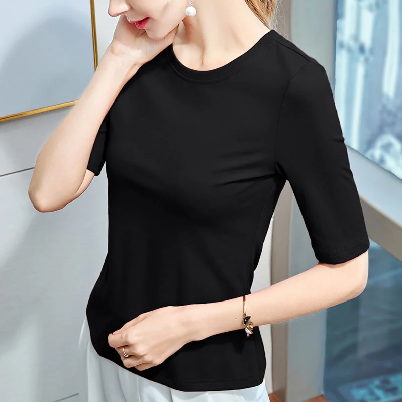 

Mid sleeve T-shirt women's 2021 early spring new women's round neck basic cotton T-shirt 5 / s solid color waist top