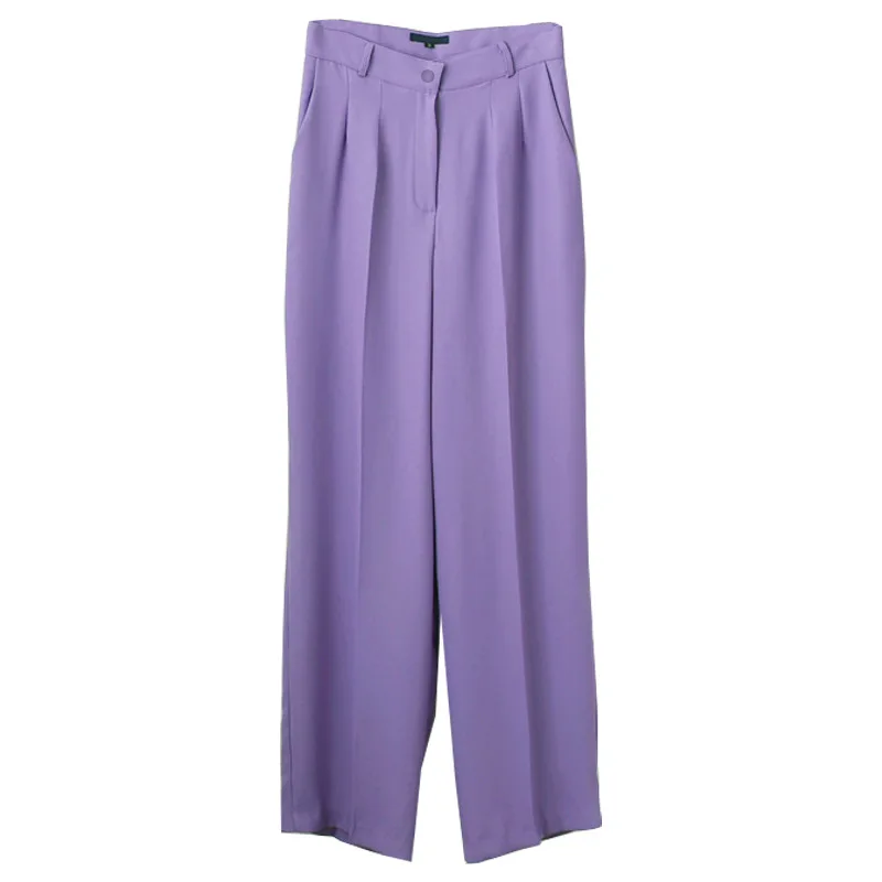 

[DEAT] High Elastic Waist Purple Casual All Match Wid Leg Trousers New Loose Fit Pants Women Fashion Spring Autumn 2021 GX886