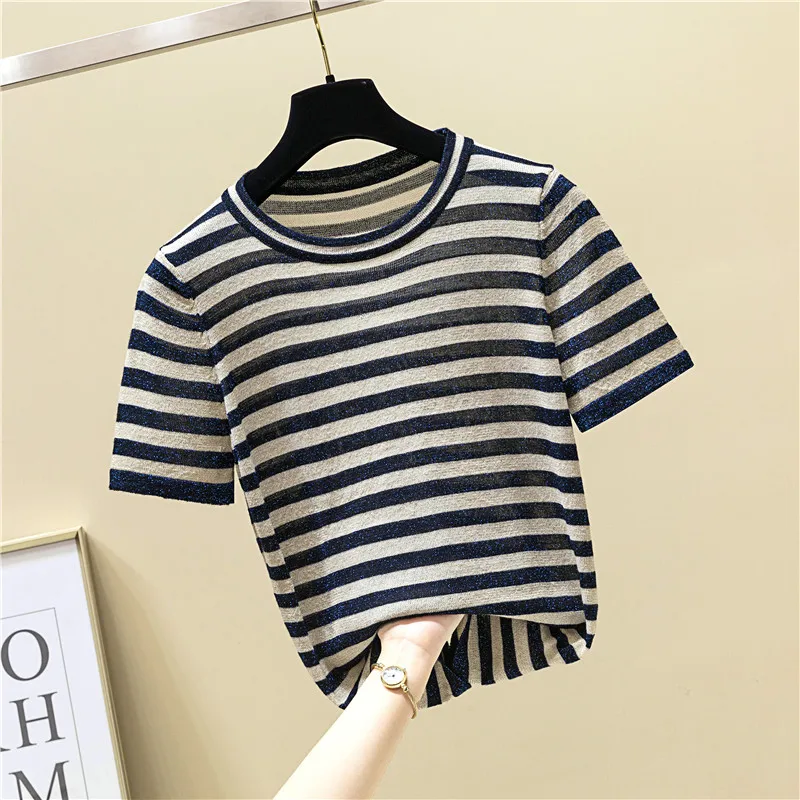 

Summer Knitted Short Sleeve Womens T-shirts Short Style Bright Silk Stripes Thin Casual Woman T-shirts Loose Lady T-shirts