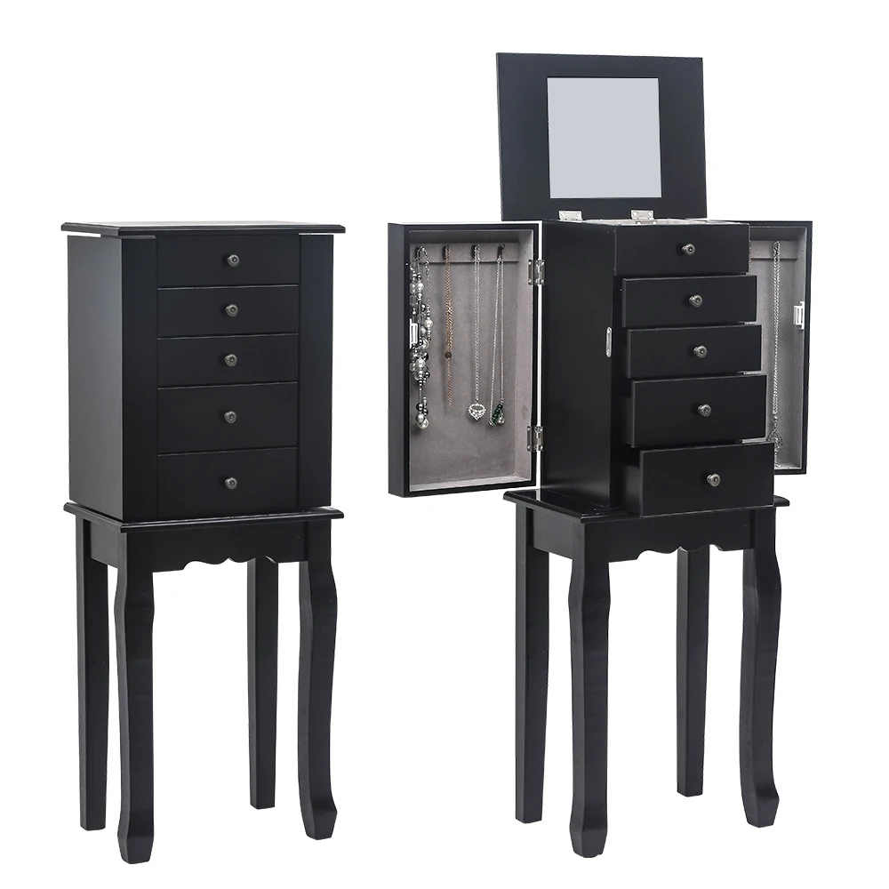 

Standing Jewelry Cabinet Armoire with Mirror 5 Drawers & 6 Necklace Hooks, Jewelry Cabinet Chest with Top Storage Organizer