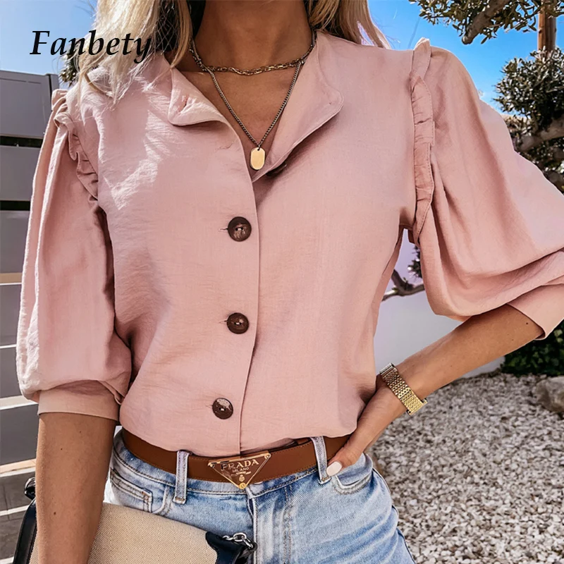 

Fashion Women Spring Summer Blouses Shirts Casual Button Ruffle Long Sleeve Shirt Tops Elegant V Neck Office Ladies Loose Blusas