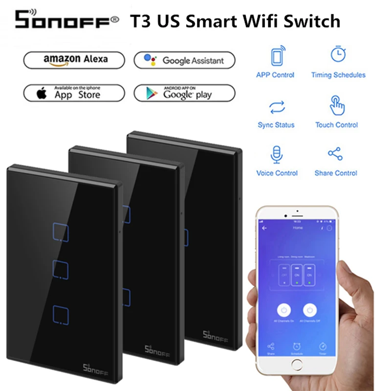 Настенный светильник SONOFF T3 Smart Wifi US Switch черный 120 типов с гранью 1/2/3 банды 433 RF/APP/Touch