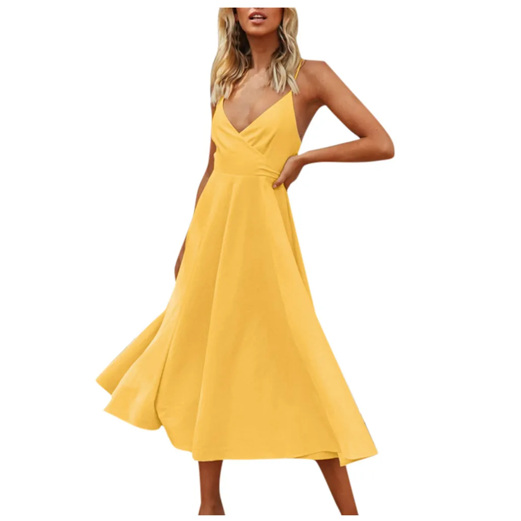 Желтое однотонное повседневное Бандажное платье без рукавов с v образным вырезом
