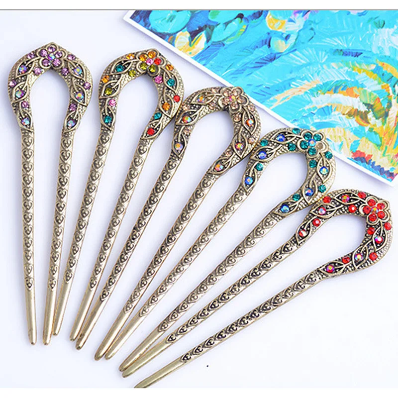 

1pc Vintage Hair Accessories Antique Bronze Plated Hairpins U shape Hair Stick Pin Women Rhinestone Flower Hair Jewelry