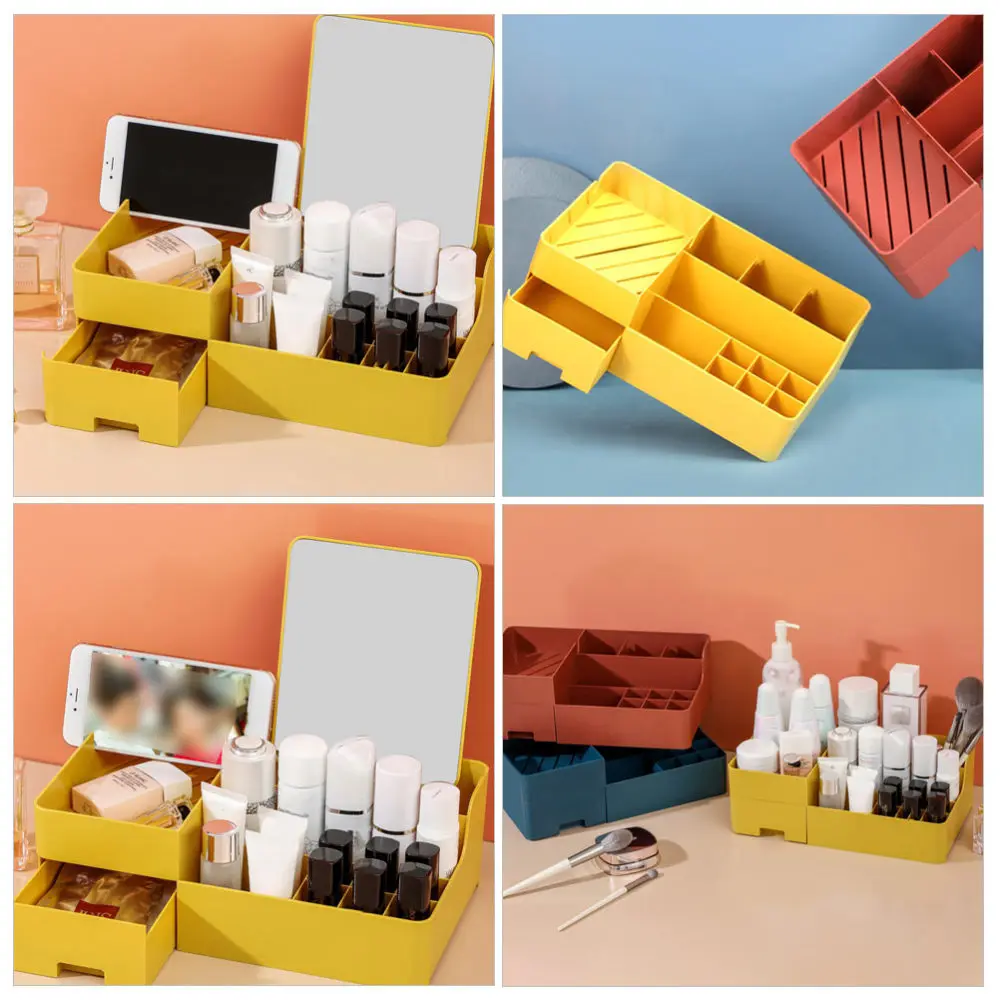 

1pc Cosmetic Storage Box Multifunction Cosmetics Container with Mirror (Yellow)