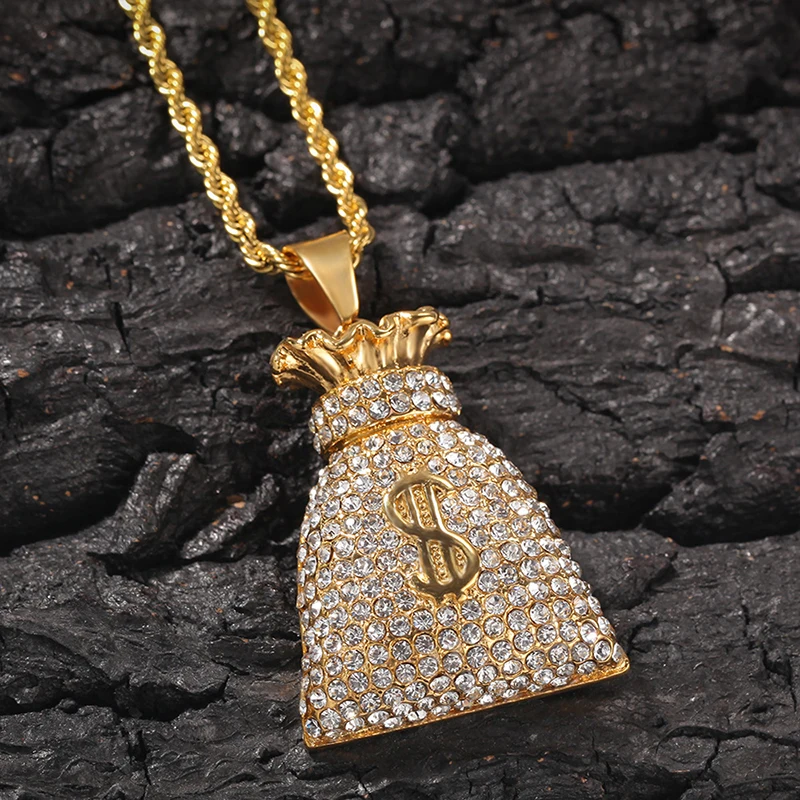 

US Dollar Money Bag Pendant Gold Color Bling Iced Out Crystal CZ Men's Hip Hop Stainless Steel Necklace Jewelry For Gift