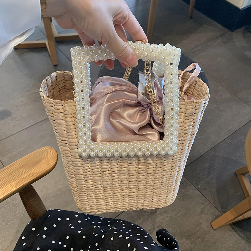 

Fashion Pearls Rattan Women Handbags Design Brand Wicker woven Shoulder Bags Luxury Chain Summer Beach Straw Buckets Bag Travel