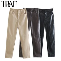 traf women fashion side pockets faux leather pants vintage high waist side zipper female ankle trousers mujer