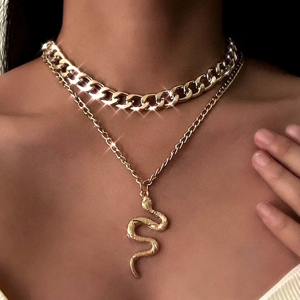 

New Cuban Multilayer Snake Pendant Chain Necklace For Women Gold Big Thick Chain Choker Fashion Party Minimalist Jewelry Gift
