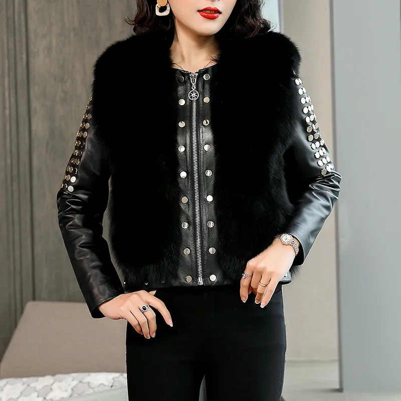 Женская короткая куртка из натуральной кожи мотоциклетная хлопка с лисьим мехом