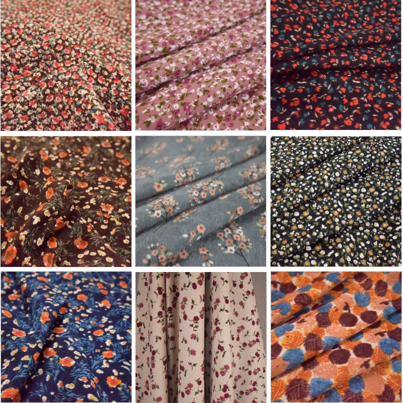 

New Arrival Cotton Corduroy Fabric Florets Prints Narrow Rib Knitted Velvet Fabric For Dress,Jacket,By The Meter