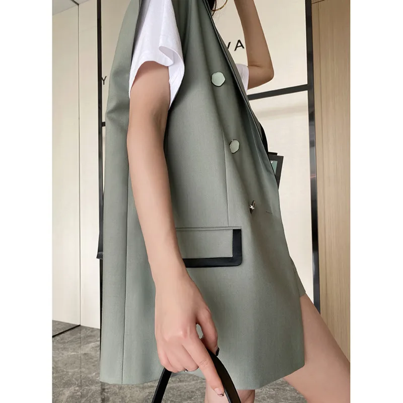 

DEAT Two Pieces Shorts Suit 2021 New Turn-down Collar Sleeveless Women Green Single Breasted Pockets Button Fly Fashion 7E231