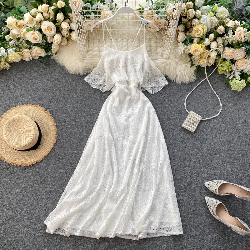 Платье женское пляжное в стиле бохо длинное кружевное платье без рукавов для