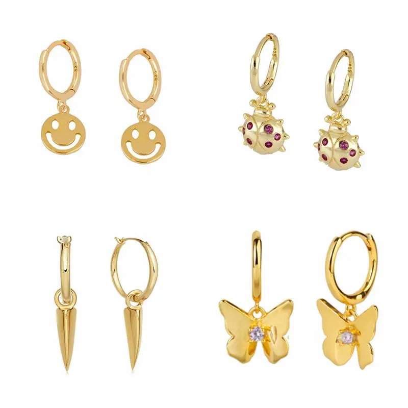 

Zircon Smiley/Insect/Blade/Butterfly Earrings For Women 925 Sterling Silver Piercing Earrings Hoops Pendientes Jewelry 2021 A30