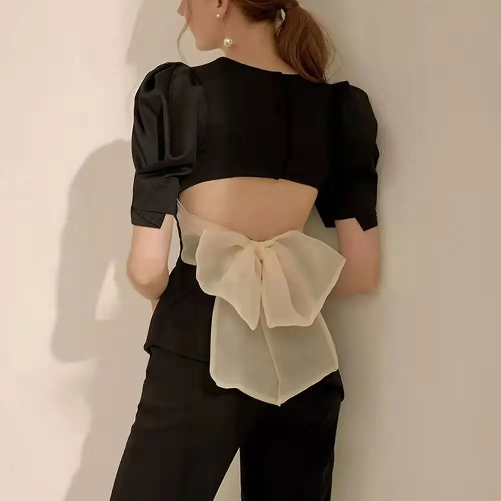 

Women Shirts Tops Ladies Women Blouses Lantern Bow Lantern Sleeves Fashion Elegant Vintage Slim Simple Solid Shirt Molin88