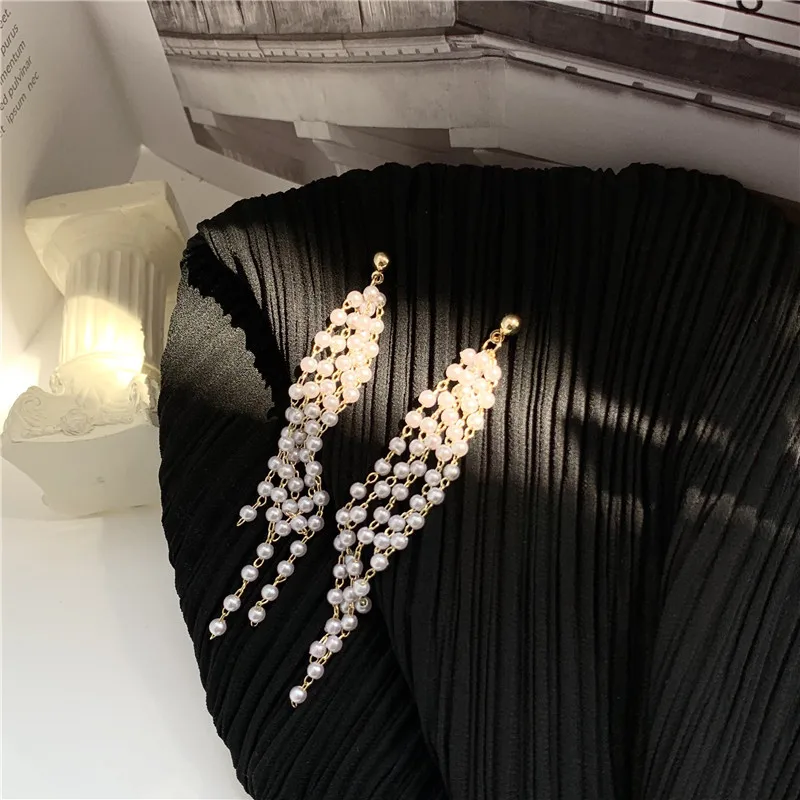 Южнокорейские модные длинные жемчужные серьги с кисточками клипсы для
