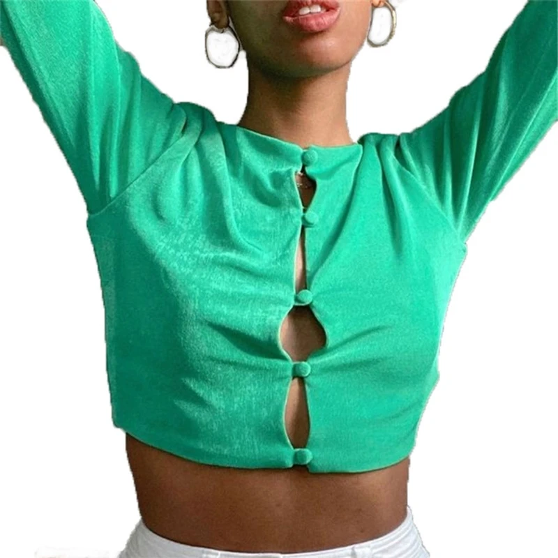 

K3NF Women Autumn Long Sleeve O-Neck Velvet Crop Top Sexy Single-Breasted Button Down Cardigan Vintage Solid Color Casual Slim