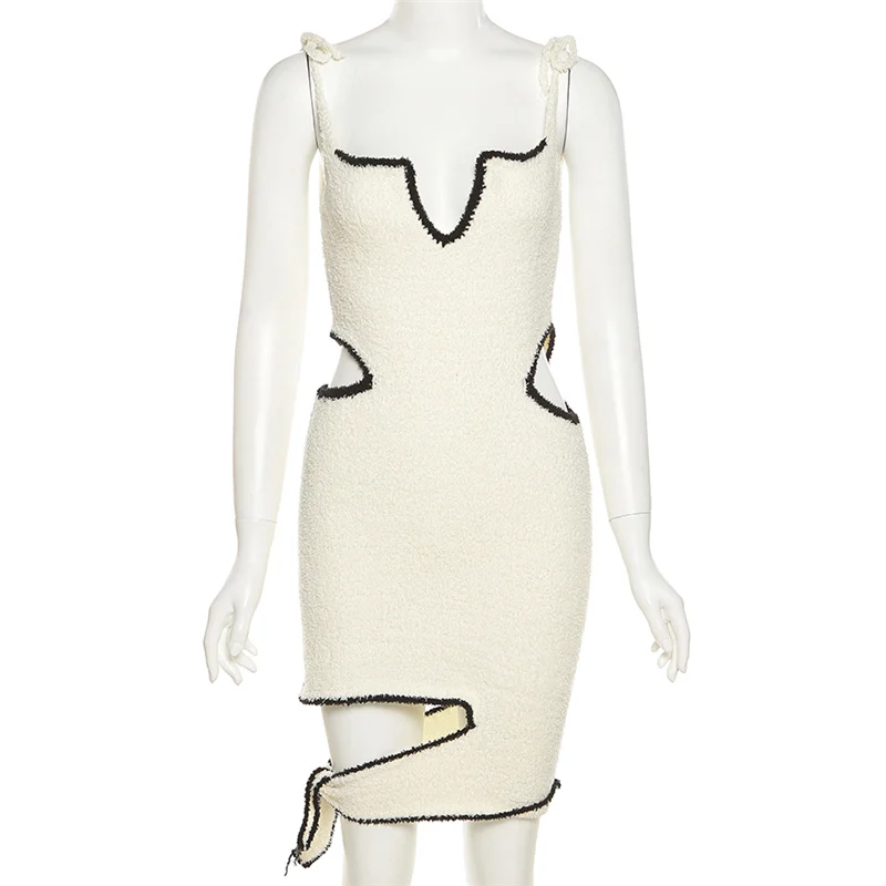 

2021 irregular hem dress ladies hollow thin shoulder strap short dress