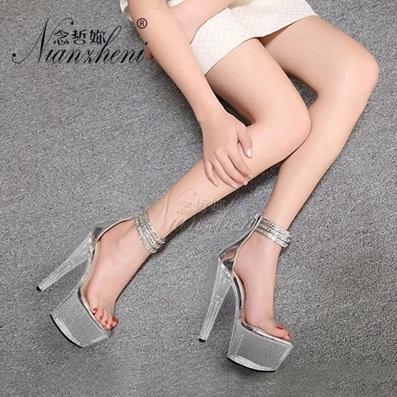 HOKSZVY 13cm Heels Super High Heel Open Toe Metal Chain Transparent Crystal Waterproof Platform Stage Women's Sandals LYP | Обувь