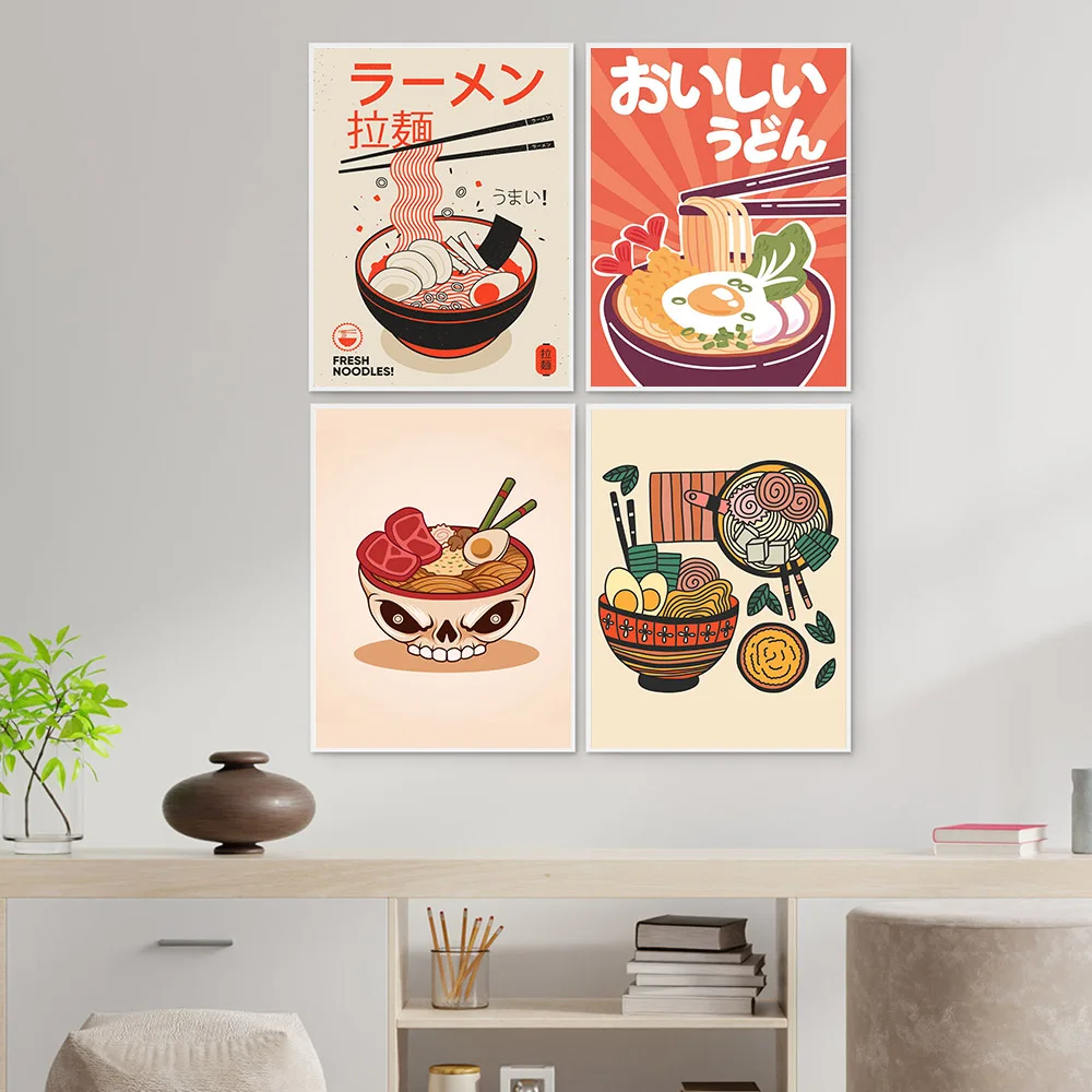 

Ramen Noodles with Eggs Canvas Poster Janpanese Cartoon Color Food Painting Retro Kitchen Restaurant Wall Art Decoration Picture