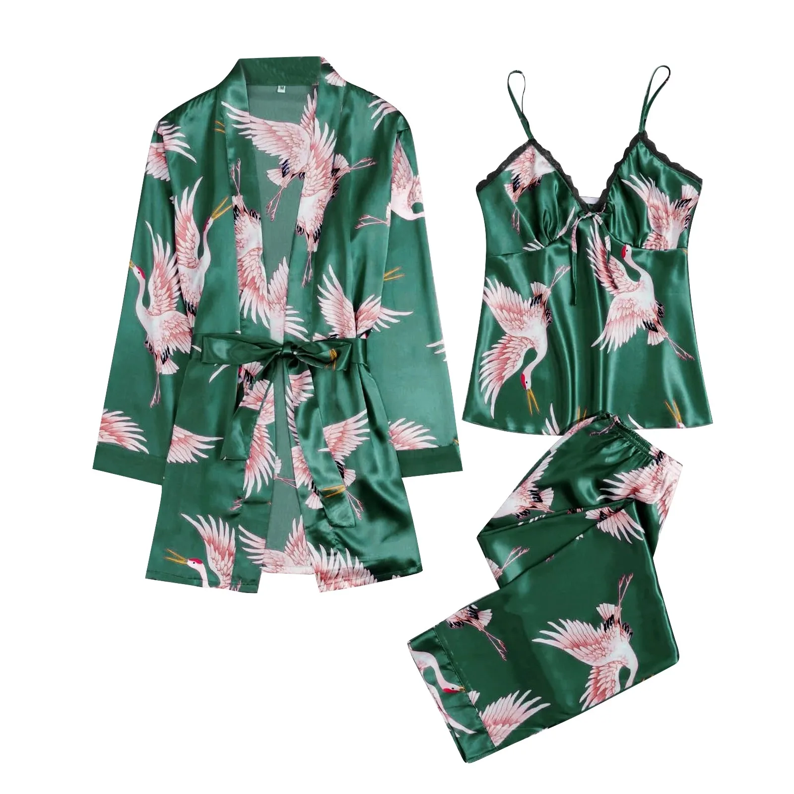 

Satin Silk Women Pajamas Birds Print Robes Lace Camisole Long Pants Sets 3 Piece Outfit Underwear Sleepwear pijama mujer 2021 A3
