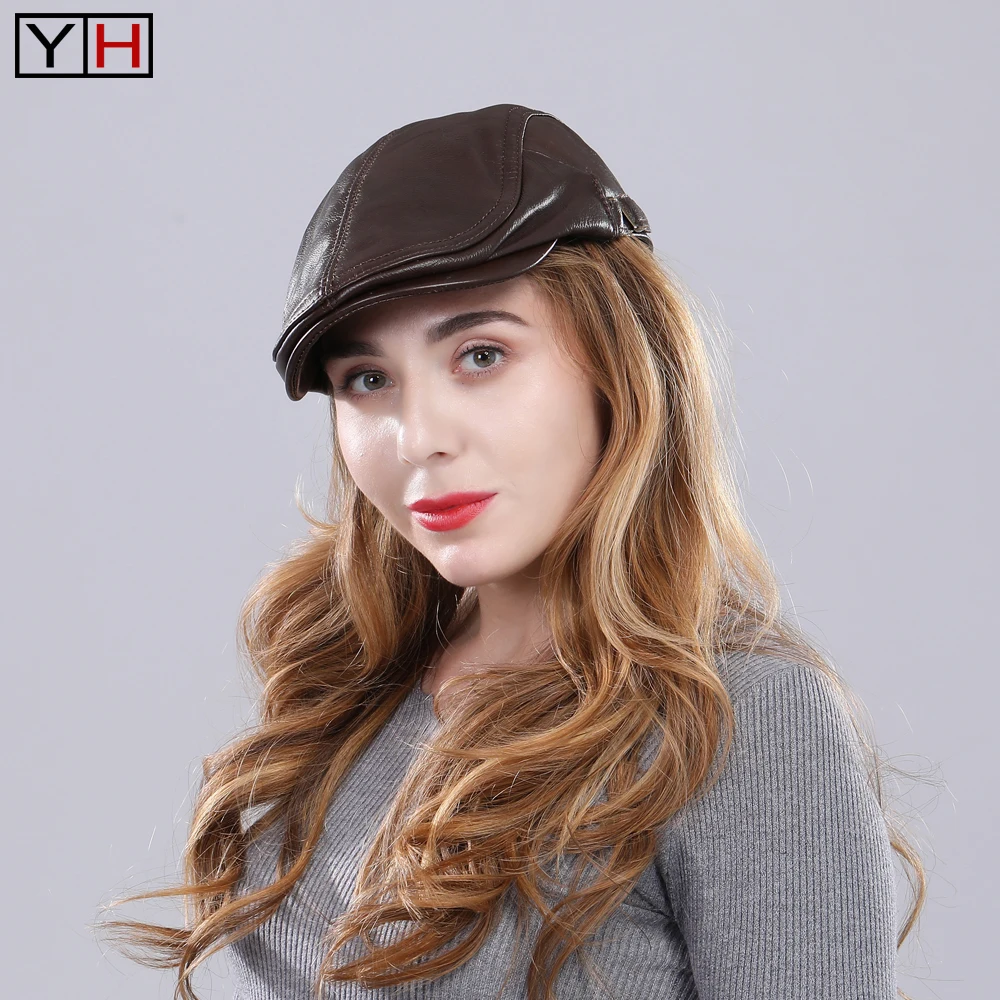Женская кепка из натуральной овечьей кожи с язычком утки брендовая Повседневная