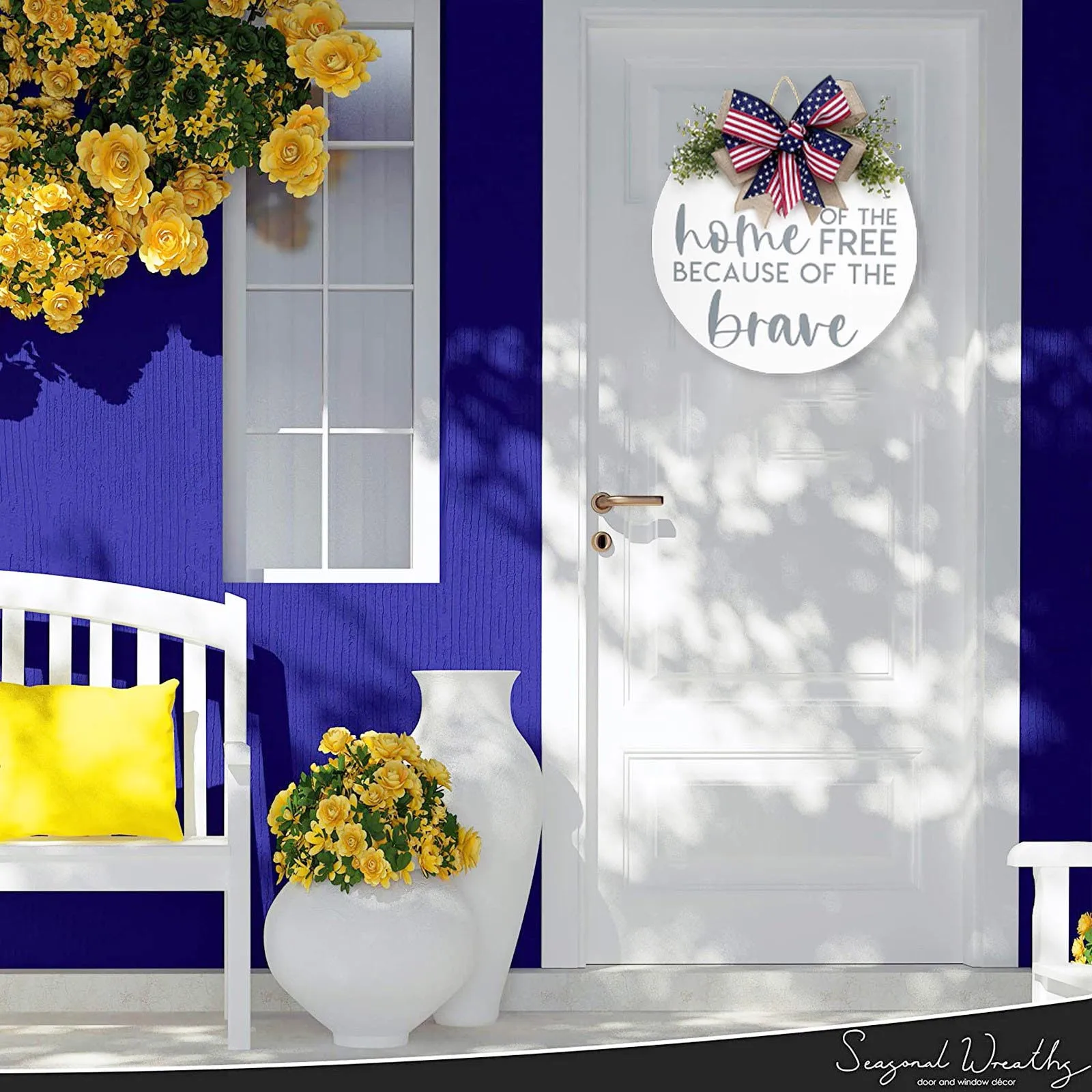 

Indepence Day Door Sign-welcome Sign Wooden Front Door Hanger With Bow Round Outdoor Hanging Vertical Sign Home Decoration