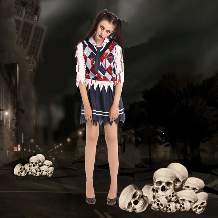Halloween Women Schoolgirl Cosplay Costume Skirt Set Masquerade Scary Gothic Zombie Vampire Bloody Broken Student Uniform Outfit