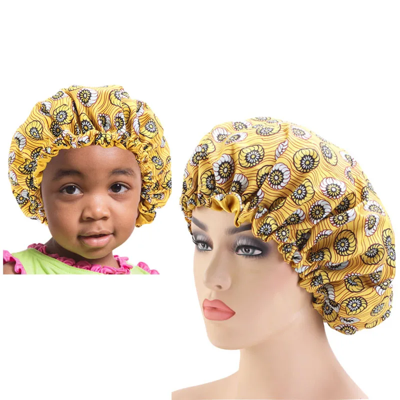 

2PCS/SET Stain Silky Big Bonnet for Parent Kids African Print Ankara Bonnet Women Children Sleep Cap Headwrap Hat Hair Wrap
