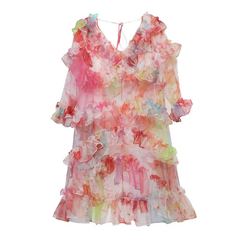 Платье с оборками TWOTWINSTYLE весеннее платье v образным вырезом и длинным рукавом