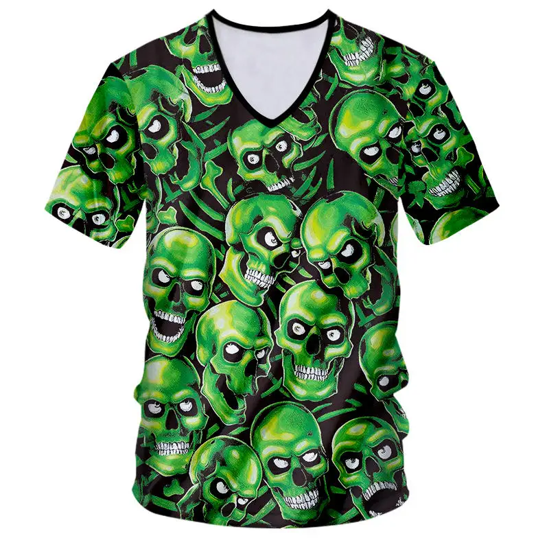 Custom T shirt Novelty Green Skulls Casual T-shirt Men Short Sleeve V-neck Unisex 3D Print Summer Tops Plus Size S-7XL | Мужская одежда