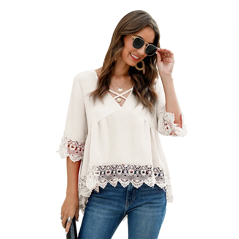 Женская шифоновая блузка CINESSD повседневная Кружевная туника с перекрестным