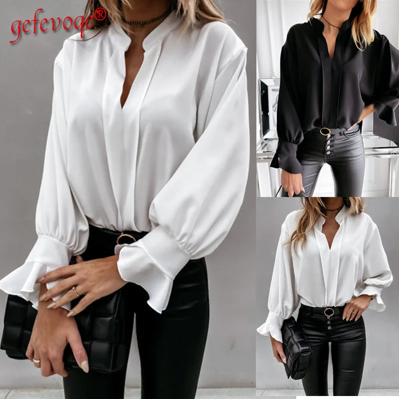 

Autumn Winter Fashion Solid Color Ruffled Long Sleeves Top Lady Casual V-neck Shirt Ladies Shirt Loose Patchwork Clothes Female