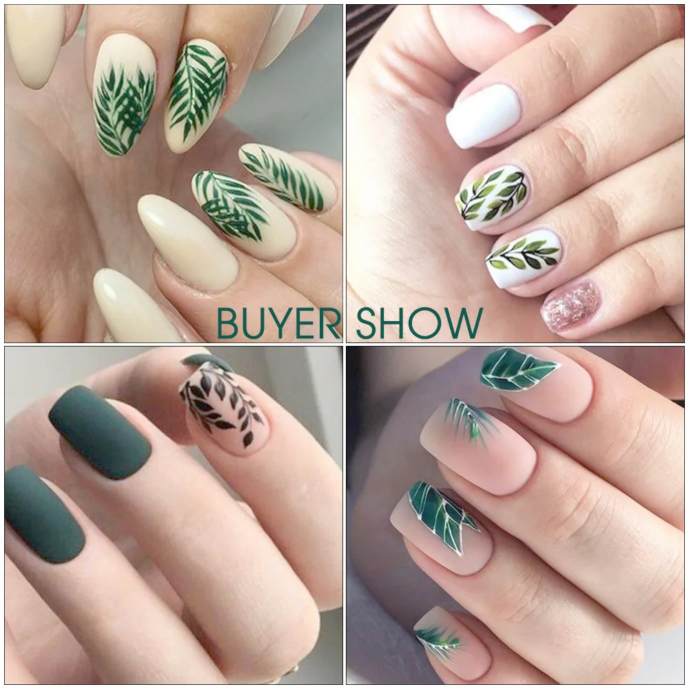 

Popular element Nail art sticker The green leaves flower rose printing ultra thin big size back glue nail art adhesive