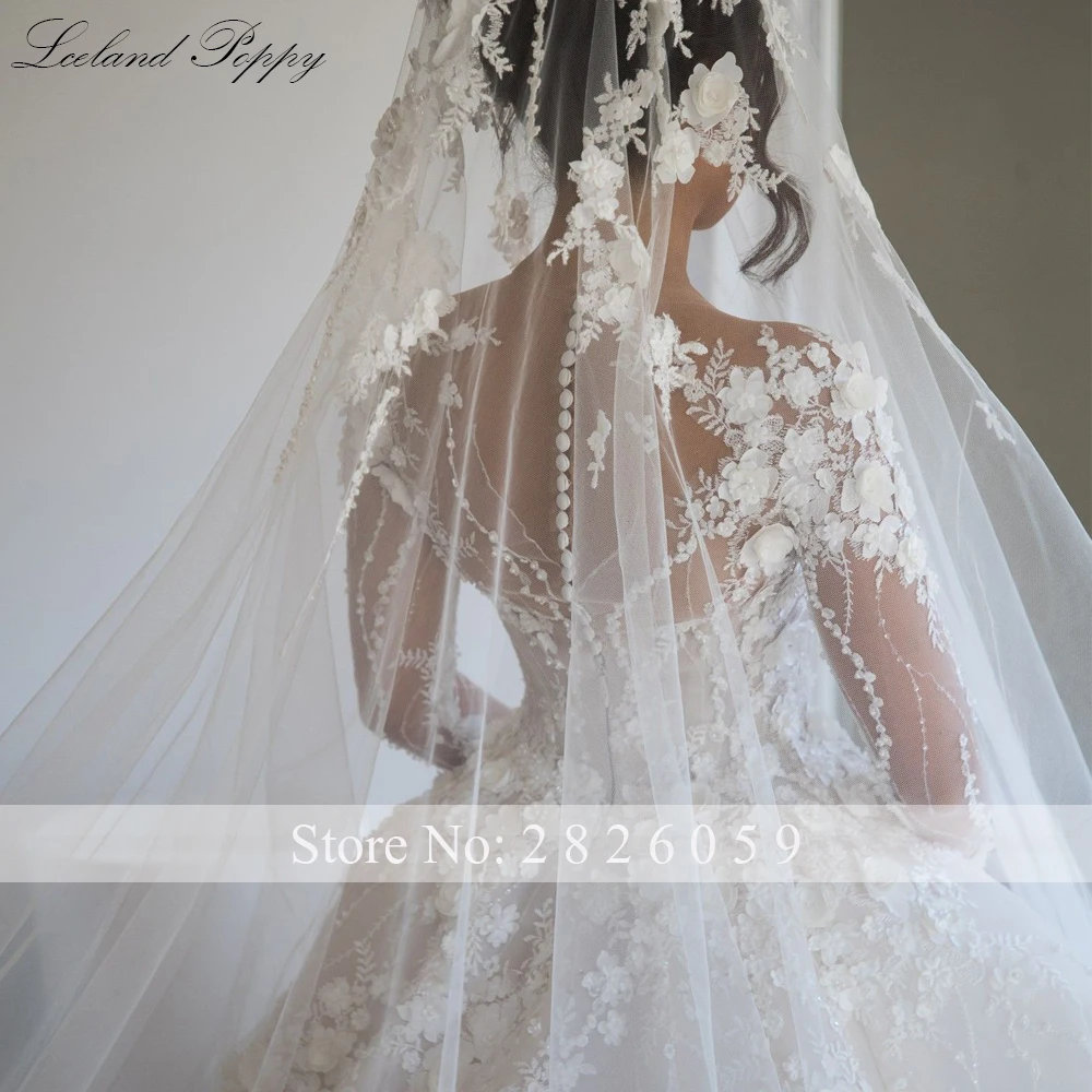 Lceland Poppy A-line Lace Wedding Dresses 2020 Floor Length Long Sleeves Vestido de Novia Illusion Bridal Gowns with Flowers