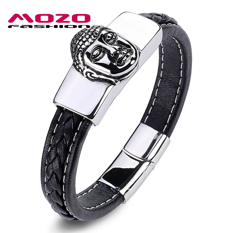 

Male Bangle Fashion Jewelry Charm Black Leather Stainless Steel Clasps Head of Buddha Bracelets