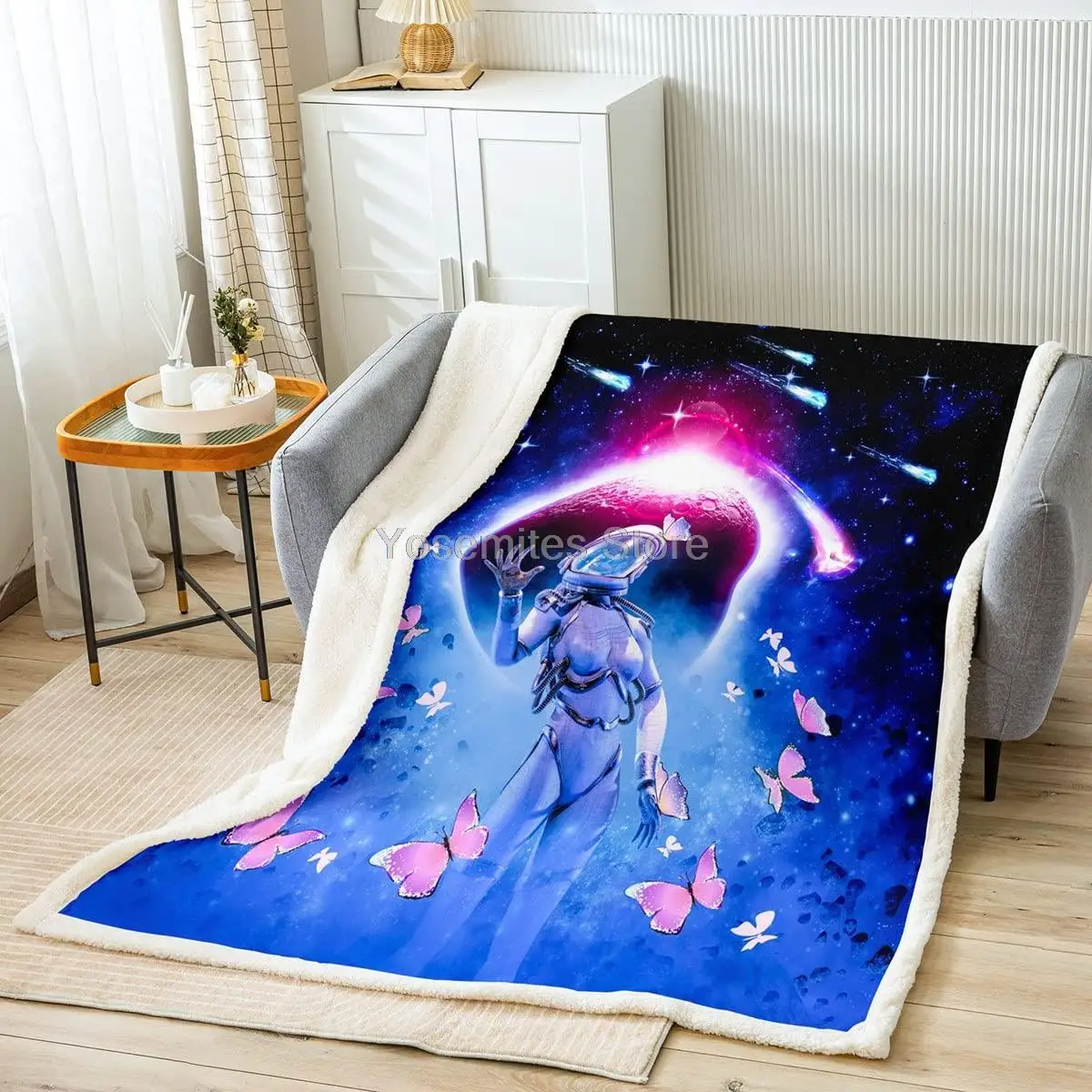 

Castle Fairy 3D Astronaut Bed Throws,Space Galaxy and Butterfly Thrown Blanket for Kids Boys Gift, Navy Blue Nebula Planet Light
