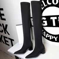 bigtree shoes women sexy over the knee boots pointed top stretch boots thick heel high boots black long boots autumn winter shoe