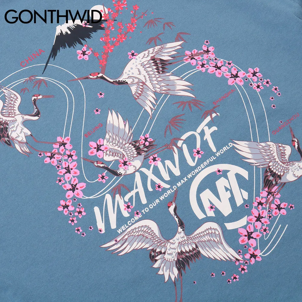 

GONTHWID Japanese Style Cranes Flowers Print Sweatshirts Hoodies Streetwear Men Hip Hop Harajuku Pullover Sweat Shirts 2020 Tops