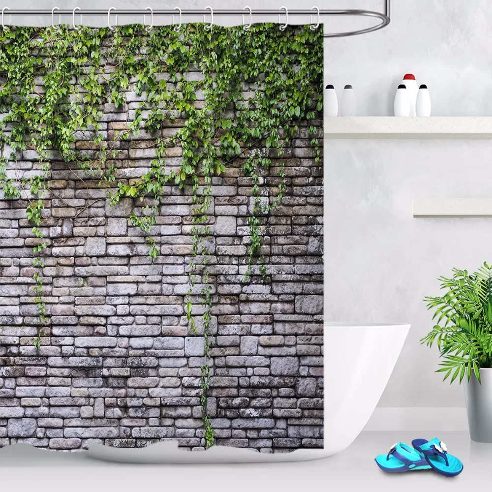 

Green Ivy and Old Stone of Wall Shower Curtain Nature Bathroom Extra Long Waterproof Washable Polyester Fabric for Bathtub Decor