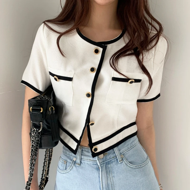 

Sannian Shirt Women Clothes Korean Retro Round Neck Contrast Color Line Design Shirt Buttons Loose Short Shirt Tops