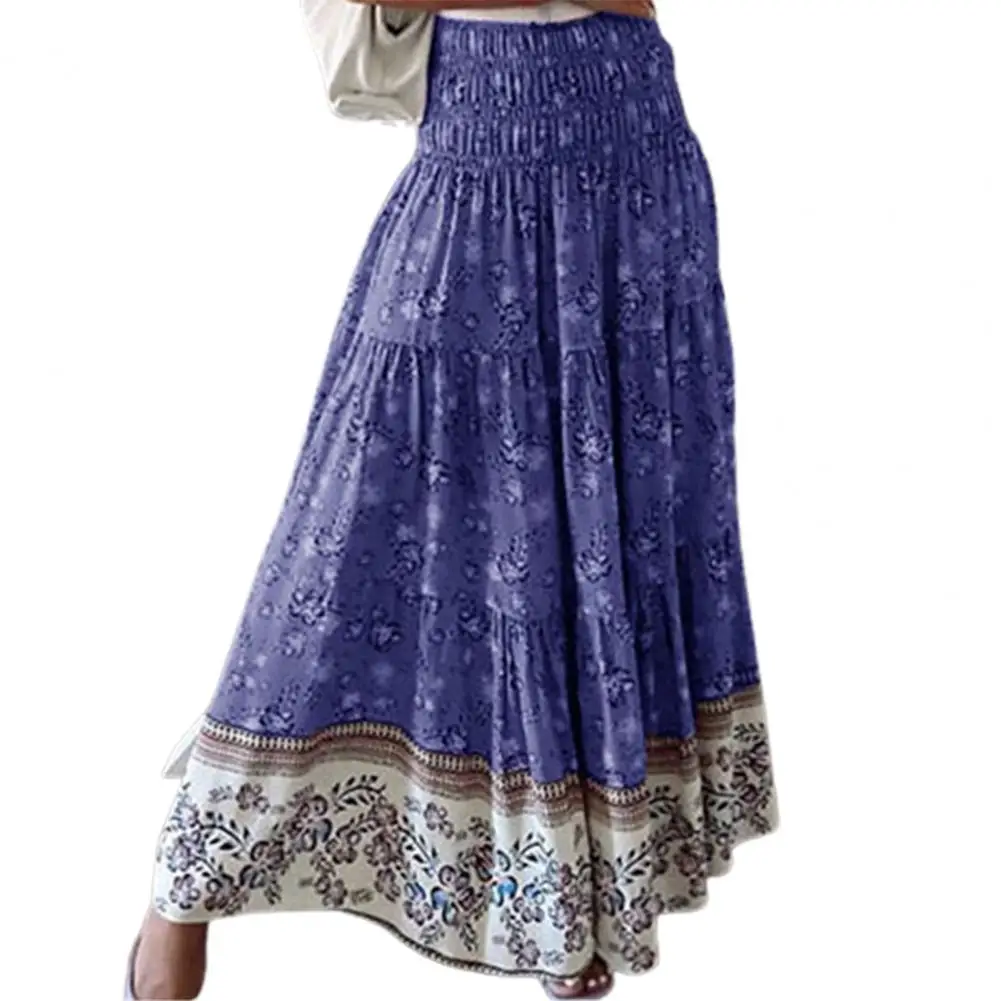 Женская длинная юбка до щиколотки эластичная с цветочным принтом и этническим