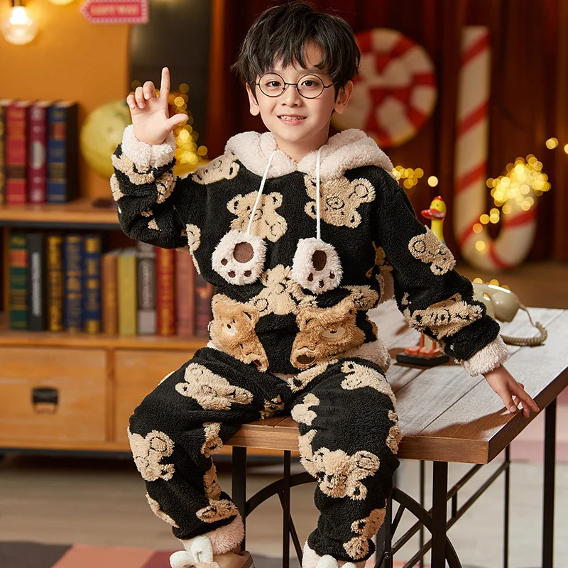 Pijamas de franela gruesa para ni&ntilde;os de mediana edad, pijamas de lana de Coral, trajes de servicio a domicilio de dibujos animados, Oto&ntilde;o e Invierno-4